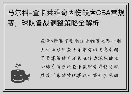 马尔科-查卡莱维奇因伤缺席CBA常规赛，球队备战调整策略全解析